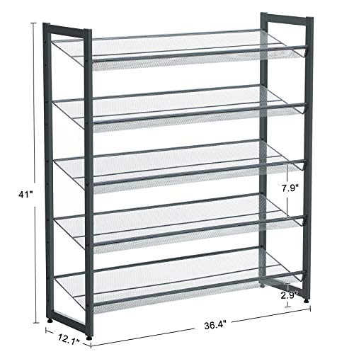 Image of SONGMICS Shoe Rack, 5-Tier Stackable Shoe Storage Shelf, Metal Mesh, Flat or Angled Shoe Organizer for 20 to 25 Pairs of Shoes, Short Boots, High Heels, Cool Gray ULMR05GB