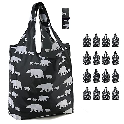 BeeGreen Polarbear Reusable-Grocery-Bags Bulk 16 Pack Animal Reusable-Shopping-Bags Ripstop Material Extra Large for 50LBS heavy-duty Sturdy. Easy Foldable Machine-Washable-Nylon Long Handle