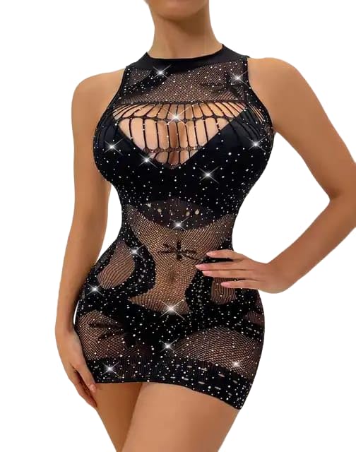 Women's Black Stone body stockings Fishnet Lingerie Short Length Bodysuits High Neck Sleveless One Piece Jumpsuit Nightwear