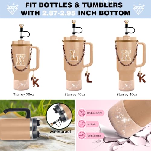 Hpebl 8PCS Brown for Stanley Cup Accessories 30/40 OZ Bling Rhinestones Initials Charms for Stanley Decorations Tumbler Accessories Set Including Diamond Straw Topper, Silicone Tumbler Boot(Letter T) - image 7