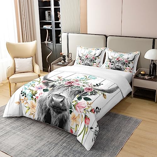 Loussiesd Highland Cow Flower 100% Cotton Duvet Cover Bull Cattle Bedding 100% Cotton Set Decor Western Funny Animal Wildlife Farmhouse Cow White Wooden Quilt Cover Room 3Pcs Double Size Zipper - Image 2