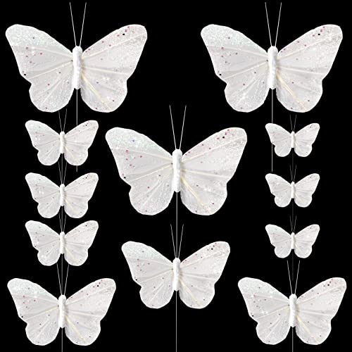 BETESSIN 12Pcs Schmetterlinge Deko mit Draht 3D Weiß Schmetterling Dekoration Tisch Torte DIY Geschenkverpackung Ostern Hochzeit Party Zimmer...