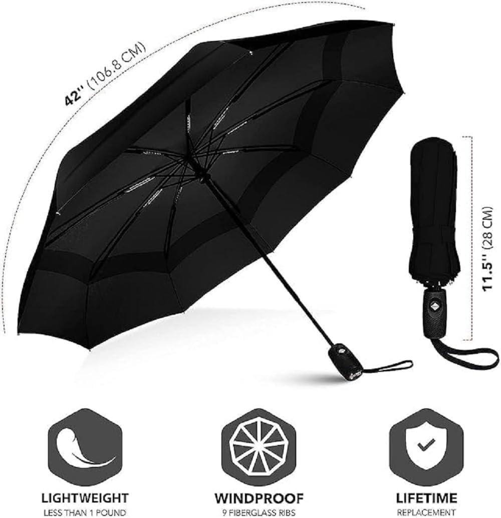 QONETIC Portable Auto Open Close Travel Umbrella for Men & Women, Windproof Folding Umbrella for Rain, Compact Waterproof Umbrella, Lightweight 3 Fold Design for Daily Travel & Office Use (Black) 3