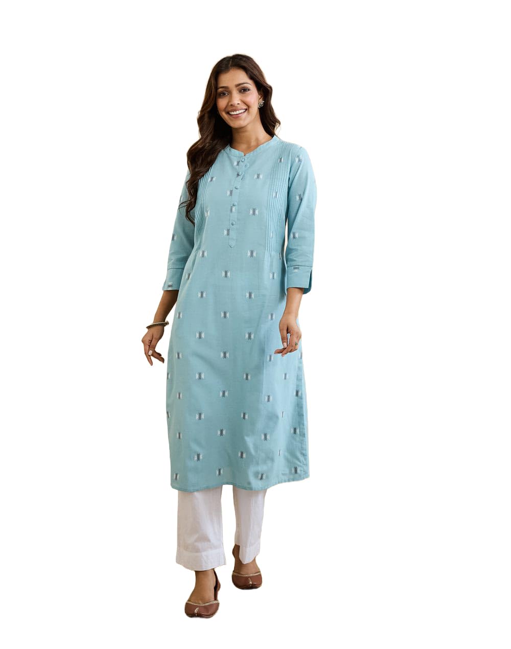 fabindia Women Blue Woven Design Mandarin Collar Kurta-picture-12
