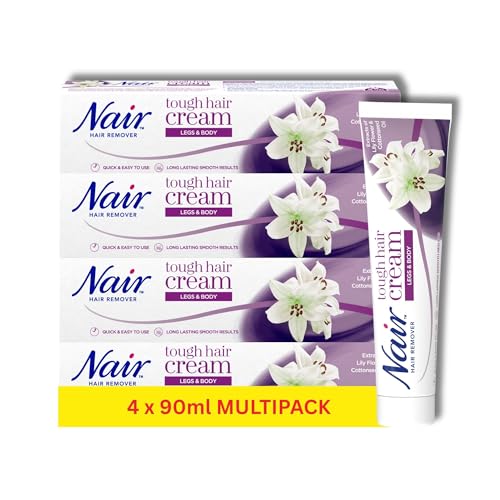 Nair Tough Hair Removal Cream Multipack - for Coarse & Dark Hair on Legs & Body - with Lily Flower Extract & Cotton Seed Oil 90ml x 4