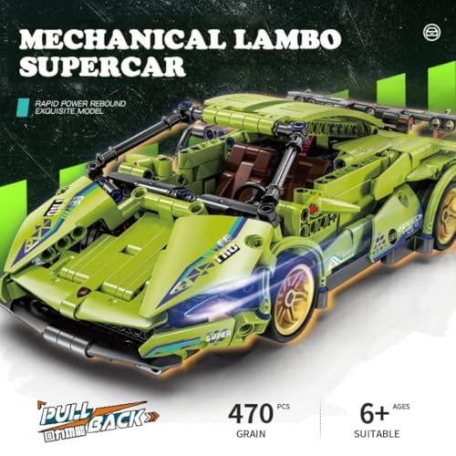 Image of Supercar Building Blocks Set 470PCS Pull Back Sports Car Model Kit for Kids 6+ - Green Racing Car Construction Toy with Realistic Details, STEM Educational Bricks Gift for Boys & Girls