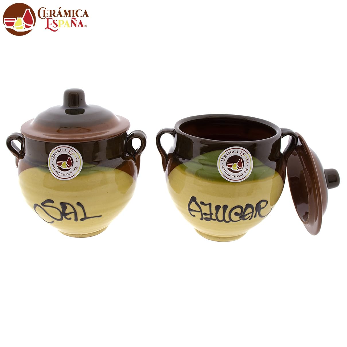 CERÁMICA ESPAÑA | Saliera e Zuccheriera rustica in ceramica | Vasetti da cucina | Vasetti originali | Set x2 Saliera e Zuccheriera cucina - Modello M03 | 100% fatto a mano | 14x12x15 cm