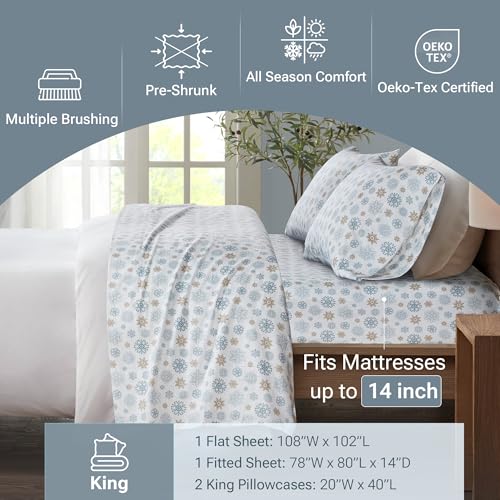 True North by Sleep Philosophy Cozy Flannel Warm 100% Cotton Sheet - Novelty Print Animals Stars Cute Ultra Soft Cold Weather Bedding Set, King, Tan/Blue Snowflakes 4 Piece