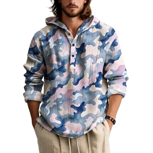 Men's Camo Hoodie Novelty Print Button Down Hooded Sweatshirt Long Sleeve Fall Loose Stylish Casual Outdoor Pullover