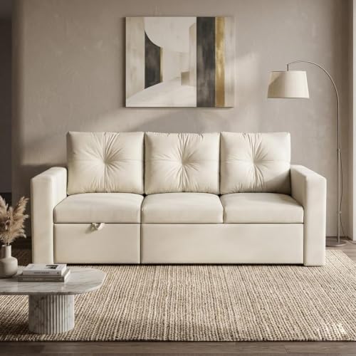 Image of FURNY Tira 4 Seater LHS Lounger Sofa Cum Bed (Cream) with Pull-Out Function | Luxury Velvet Suede Finish | Durable Comfort | Ideal for Living Room