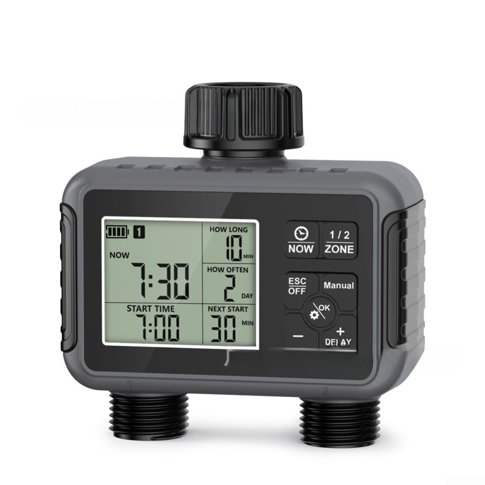 Temporizador de agua programable para grifo de jardín con configuración de entrada y salida de zonas duales independientes y capacidad de anulación manual