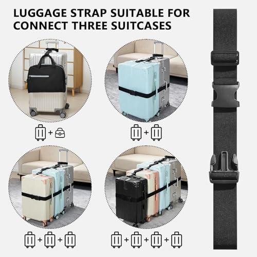 Image of 3 Packs Luggage Straps for Suitcases, 2 Luggage Connector Straps & Elastic Strap, Connect Up to 4 Suitcases & Add a Bag, Heavy Duty Adjustable Travel Belt for 20-32 Inch Luggage, Black