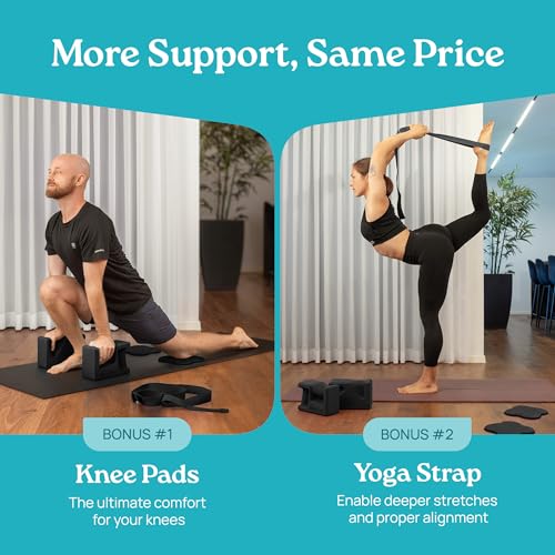 Deep-Zen PRO Yoga Blocks | Ergonomic Yoga Block 2 Pack for Wrist Comfort and Support | EVA Foam Exercise Blocks, 2x Knee Pads & Yoga Strap | Pilates Block Set | Bricks to Eliminate Wrist Pain, Black