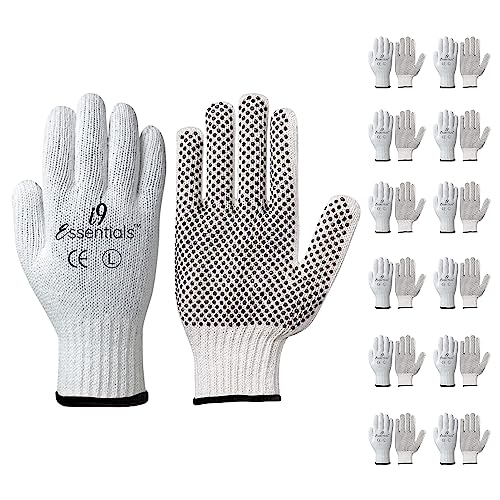I9 Essentials 12-Pair Cotton Work Gloves with PVC Grip Dots (Large) β Breathable