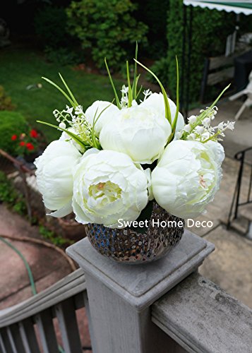 Sweet Home Deco Silk Peony Arrangement in Silver Ceramic Vase Table Flower Home Decor Wedding Centerpiece (White)