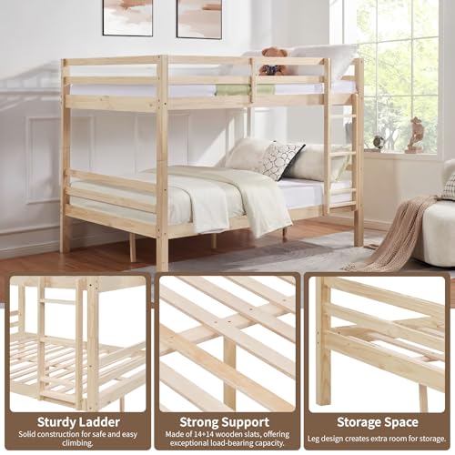 Image of Full Over Full Bunk Bed with Ladder, Solid Wood Bunk Bed with High Guardrail and Ladder for Kids, Teens, Dorm Rooms, and Guest Rooms, No Box Spring Needed, Wood