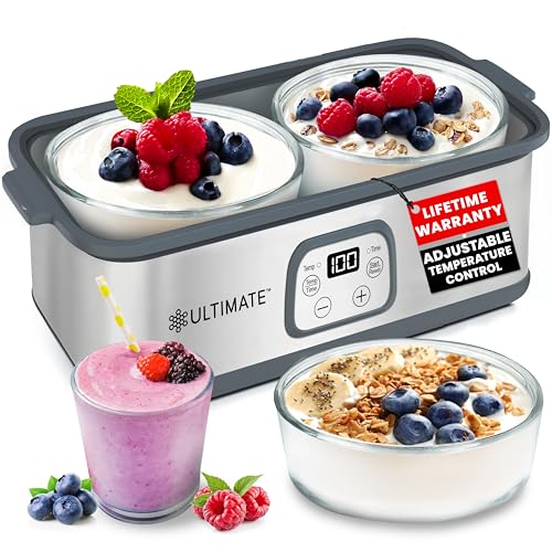 Ultimate Fabricante de yogur probiótico con control de tiempo y temperatura ajustable. Haz billones de probióticos vivos con dos recipientes de 1 cuarto para lotes más grandes. La mejor máquina de