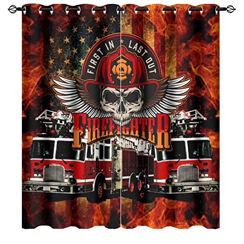 Kazynee Cool Firefighter V Ultra Soft Premier Blackout Curtains,intage Firefighter Truck Fireman American Flag Flame Design Thermal Insulated Bedroom Noise Reducing Grommet Top,2 Panels 72L x 31.5W