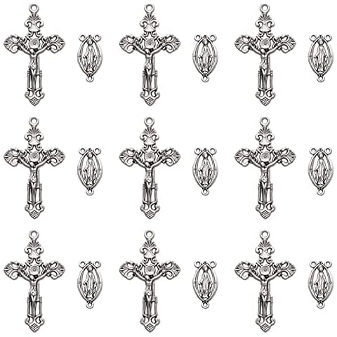 YionZian 20Pcs Rosary Kits Cross and Center Medal Charms Tibetan Silver Alloy Catholic Jesus Maria Oval Links Pendant for Diy Jewelry Making Supplies Cover