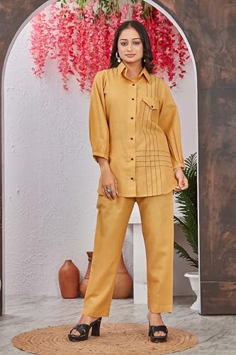 Image of Women's Yellow Rayon Co-Ord Set | Unique Style Collar Neck Full Sleeve Shirt & Matching Pants | Thread Work Ethnic Wear Kurta Set