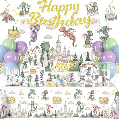 218Pcs Dragon Birthday Party Decorations Tableware Set Serves 25 Guests Dragon Party Supplies Includes Banner Backdrop Plates Tablecloth Cake Topper Cupcake Toppers