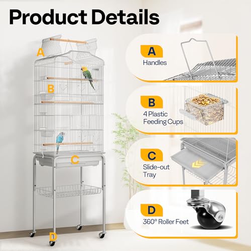 Image of VIVOHOME 64 Inch Bird Cage with Play Top and Rolling Stand for Parrots Conures Lovebird Cockatiel Parakeets, Grey