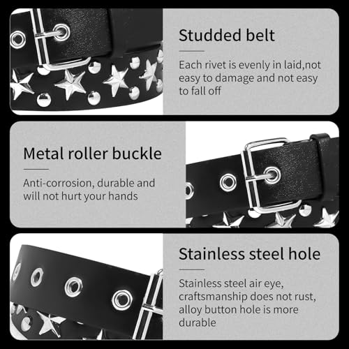 3 Pcs Black Studded Belt, Y2K Belt Star Goth EMO Punk Rock Double Grommet with Bright Pyramid Studded for Women Men (Star White Black)3