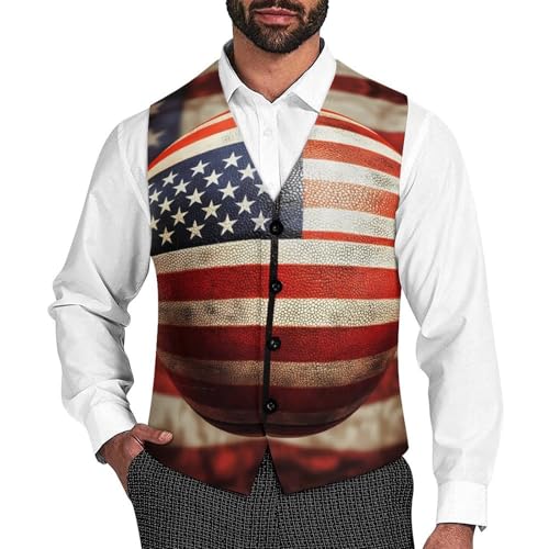 USA Flag Basketball Men's Suit Vests Dress Vest V-Neck Waistcoat Slim Business Formal with Pocket