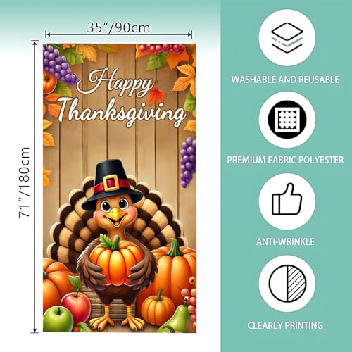 Image of Thanksgiving Turkey Pilgrim Pumpkin Door Cover 35x70in Fall Xmas