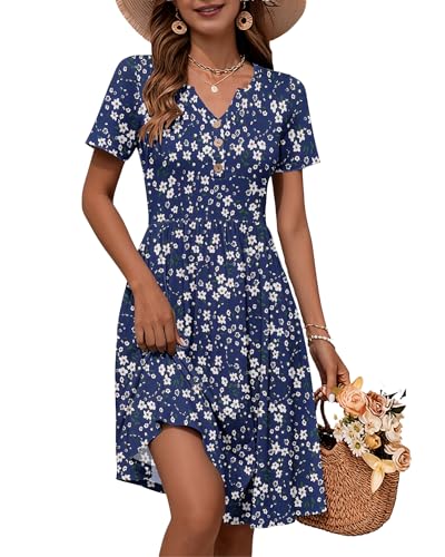 Image of WNEEDU Women V Neck Button Down Empire Waist Midi Summer Dress with Pockets