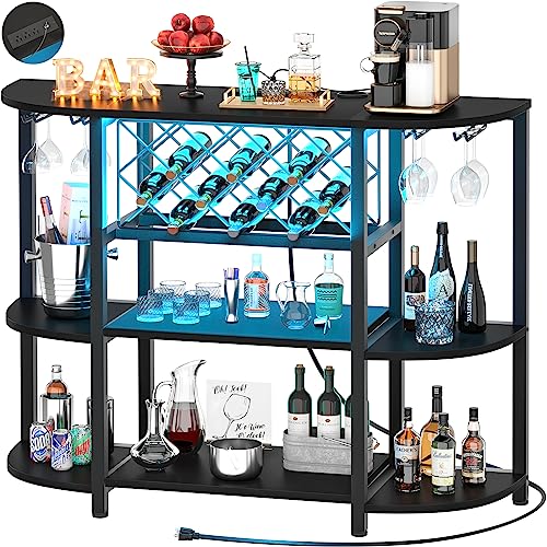 Unikito 4-Tier Metal Coffee Bar Cabinet with Outlet and LED Light, Freestanding Floor Bar Table for...