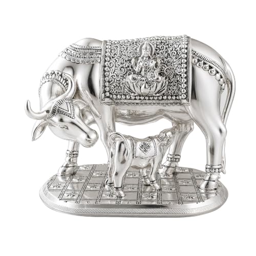 Image of DIVINITI 999 Silver Plated Kamdhenu Cow with Calf Idol | Premium Gift Box Included | Vastu Showpiece for Wealth, Prosperity & Positive Energy | Home Temple, Office & Housewarming Gift | 13.5 x 15 cm