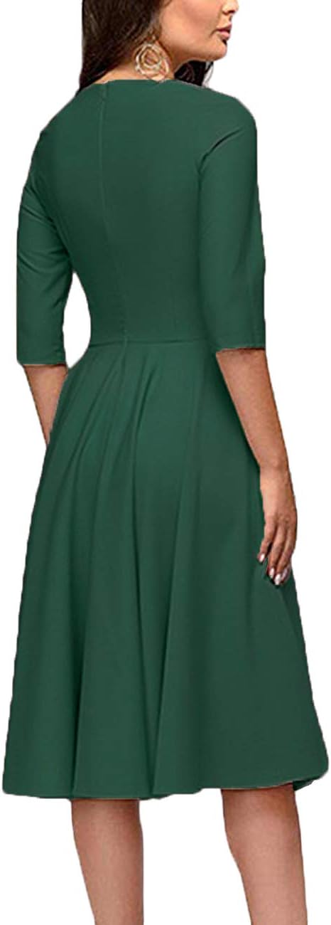 FENJAR Womens Elegance Audrey Hepburn Style Ruched 3/4 Short Ruffle Sleeve Casual Swing A-line Dress Large Green