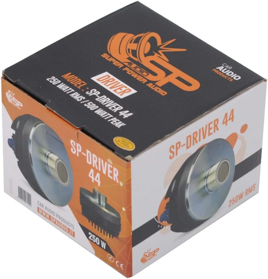KIT SET PER SP AUDIO SP DRIVER 44 1 driver a compressione, 250 watt rms 500 watt max, filettatura da 3,5 cm per trombe, impedenza 4 ohm, 110 db spl, 1 pezzo + condensatore e 3 sticker omaggio