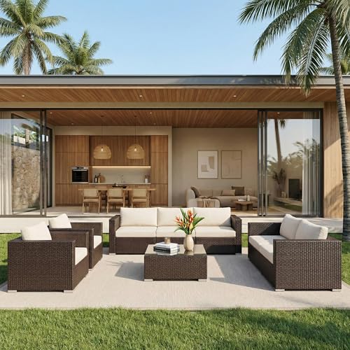 Image of Amazon Brand - Solimo Solara Outdoor 7 Seater Sofa Set | Balcony Sofa | Patio Furniture Sets | Conversation Sets | Wicker | Garden | Balcony | (Dark Brown & Cream)