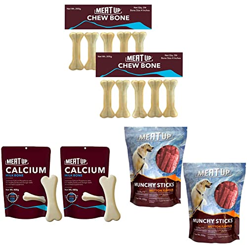 Image of Meat Up Pressed Chew Bones, Dog Treats, 4 inches - Pack of 5 Bones & Munchy Sticks, Mutton Flavour, Dog Treats, 400 g (Buy 1 Get 1 Free) & Calcium Bone Pouch, Dog Treats - 25 Pieces (230 gm)