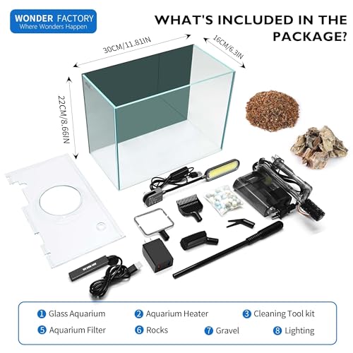 Image of Small Aquarium Set Glass 2.6 Gallon Fish Tank, Starter Kit with Heater Self Cleaning System Efficiency Filter Bright Light Rocks Gravel Cleaning Tool, Leak-Proof Ultra-Clear Rimless Desktop Betta Tank