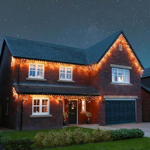 Festive Lights - ConnectPro® 5m Connectable Christmas Icicle Lights - 120 Vintage Warm White Static LEDs - Mains Operated IP65 Outdoor Waterproof Hanging Decoration - Heavy Duty Black Rubber Cable