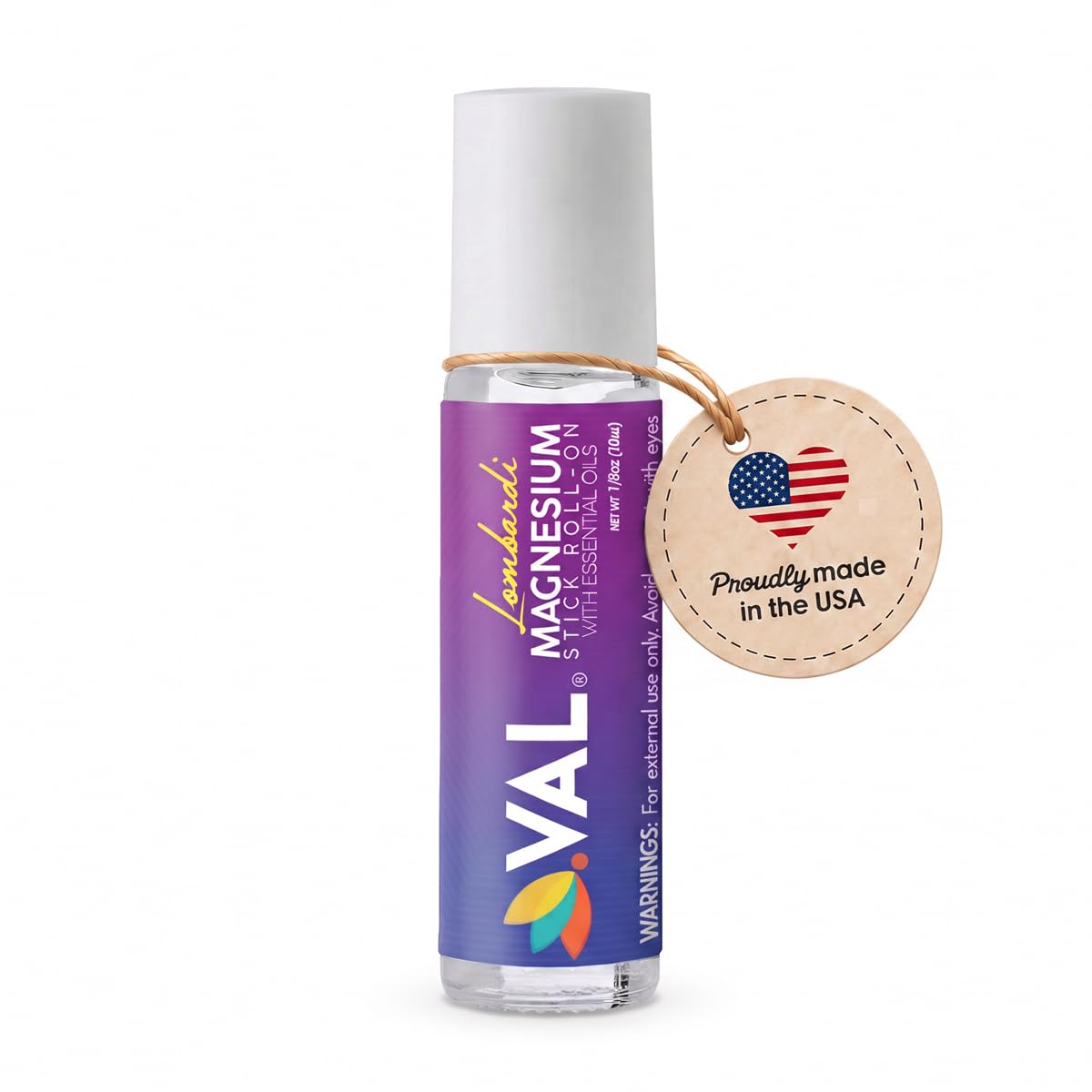 VAL Lombardi Magnesium Stick Rollon with Peppermint & Other Essential Oils - Cooling Comfort for Your Head. Metal Roller. Made in the USA. 10 ml.