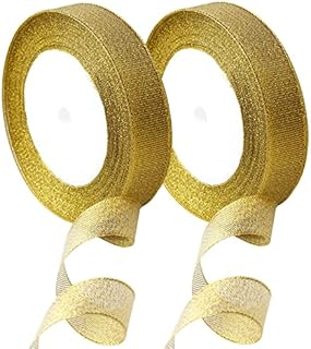 2 Pack Gold Organza Christmas Ribbon,25 Yards 20mm Wide Glitter Trimmings Decorative Wrapping Ribbons for Christmas Thanksgiving Gift,Crafts