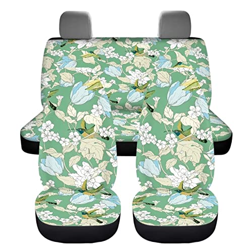 Image of Modysero Green Bird Flower Print Car Seat Cover Full Set Novelty Soft Elastic All Season Automotive Seat Cover for Women Universal Auto Seat Cover Accessories Fit Most Cars Vehicles