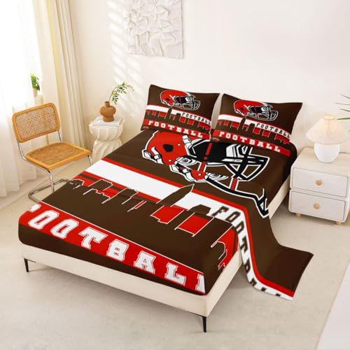 Erosebridal Football City Bed Sheets Set Queen American Football Sheet Set for Boys Girls Brown Red Rugby Game Sheets Football Fans Bedroom Decor Sports Ball Team Flat Fitted Sheet(Cleveland)