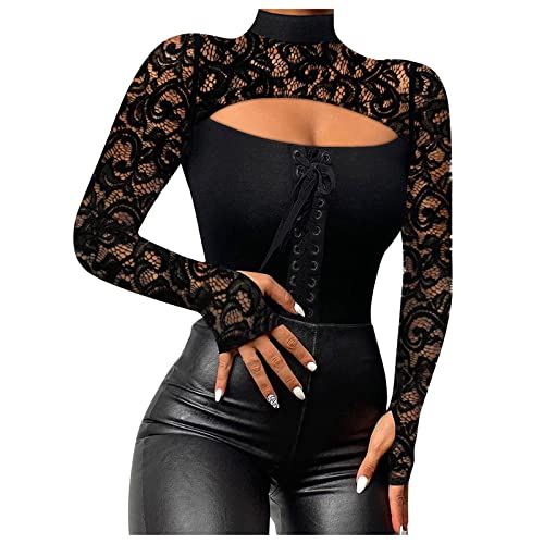 Damen Langarmshirt Damen Unterhemden Glitzer Top Damen Frauen Sexy Spitze Netz Tiefer V-Ausschnitt Langarmshirt Slim Schwarz Langarm Blusen Eng Basic Oberteil Basketball Shirt (Complexion, M)