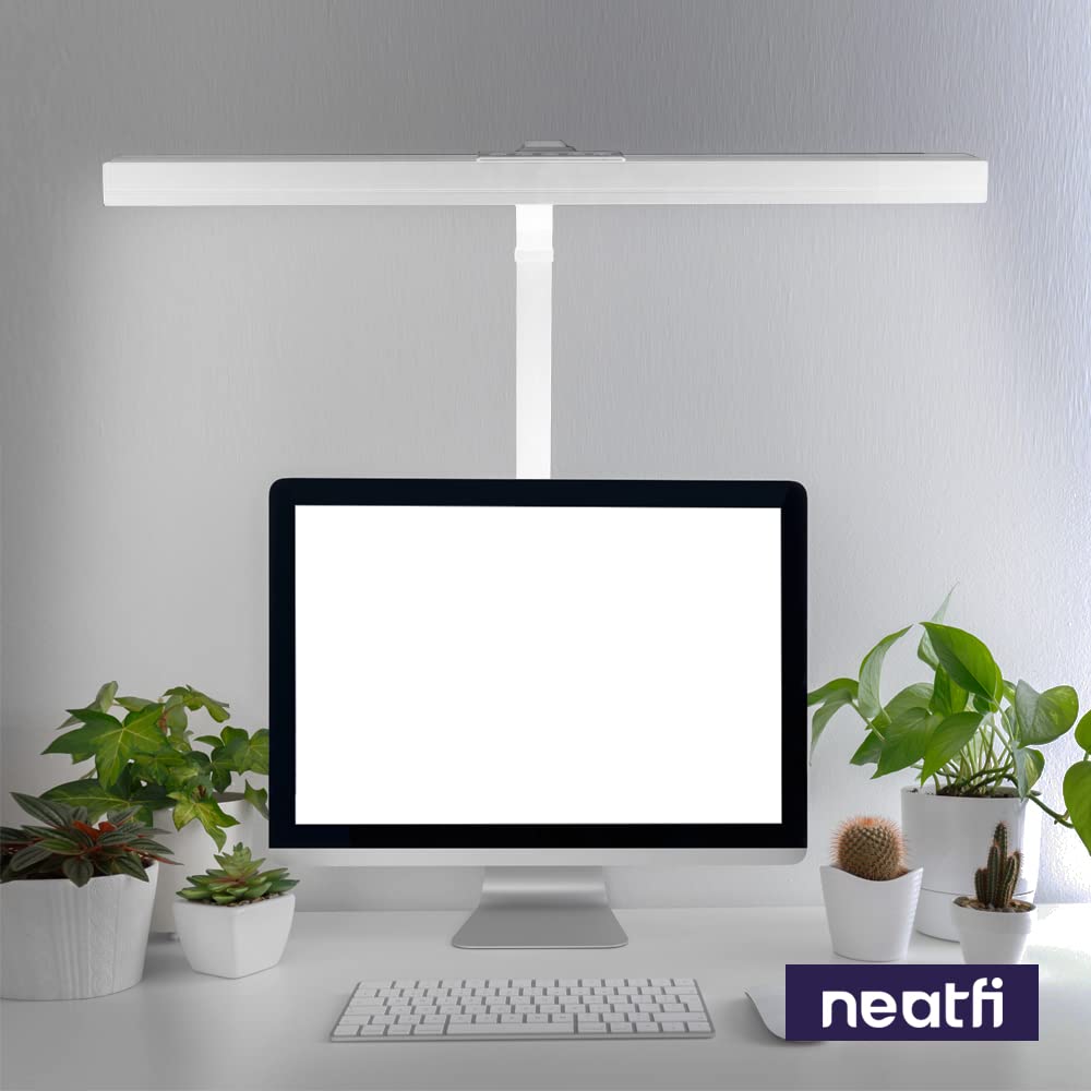 Neatfi (Nuovo modello) Lampada da scrivania a LED moderna con morsetto, 3.000 lumen, 3000K-6500K, luce per monitor dimmerabile, 5 livelli di luminosità e 5 modalità di illuminazione (71 CM, Bianco)