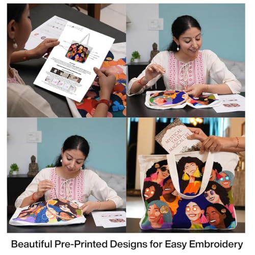 Image of picknMAKE DIY Embroidery Tote Bag for Women - Stylish & Aesthetic Office Bag | Customizable with Sequins, Crochet Rings, Gota Flowers & Tassels | 16 inch x 16 inch with Zipped Pocket All Materials Included
