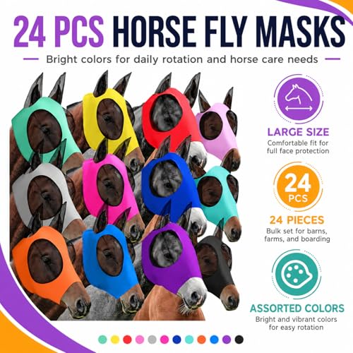 Sanwuta 12 Pcs Horse Fly Masks with Ears, Breathable Mesh UV Protection Horse Face Masks, Soft Elastic Comfortable Fit for Riding Outdoor Summer Supplies Bulk (Medium)
