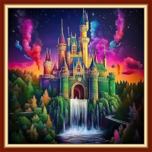 Image of Joyhoor Cross Stitch Kits for Beginners Stamped Cross-Stitch Supplies Needlework preprint Embroidery Kits for Adults DIY Needlepoint Kits Embroidery Patterns 11CT-Rainbow Castle 18x18 inchs