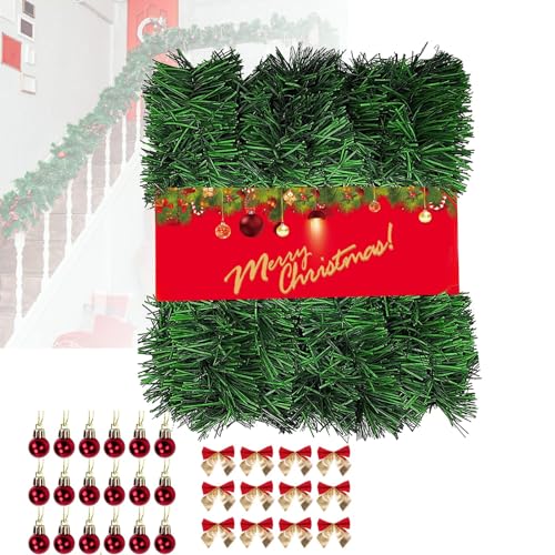 22 Metros Guirnalda Navidad + 3cm 45Pcs Lazos y 2cm 45Pcs Bolas de Navidads, Adornos Navideños Decoración, Decoracion Navidad para Exterior, Chimenea, Escaleras, Puertas, Ventanas