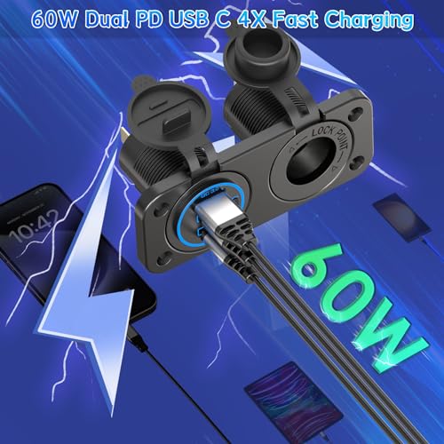 Cigarette Lighter Socket Qidoe 12V Splitter Panel 78W 12V USB Outlet Dual USB C PD&QC3.0 Car Charger Socket ON/OFF Switch Waterproof 300W power cigarette USB Adapter for Car Marine RV