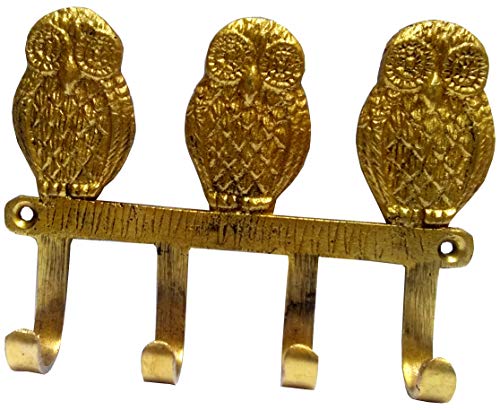 Purpledip Brass Wall Hooks 'Three Wise Owls': Vintage Design Decorative Hanger (11817), Golden, Medium